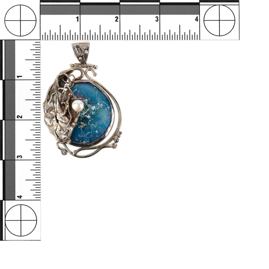 ARIK IDAN Sterling Silver Pearl Blue Roman Glass Pin Pendant