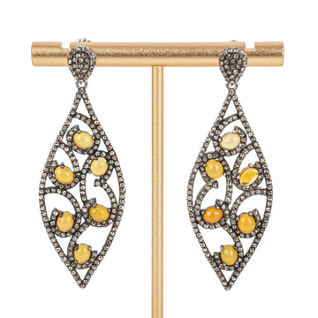 Sterling Cabochon Opal Rose Cut Diamond Drop Earrings