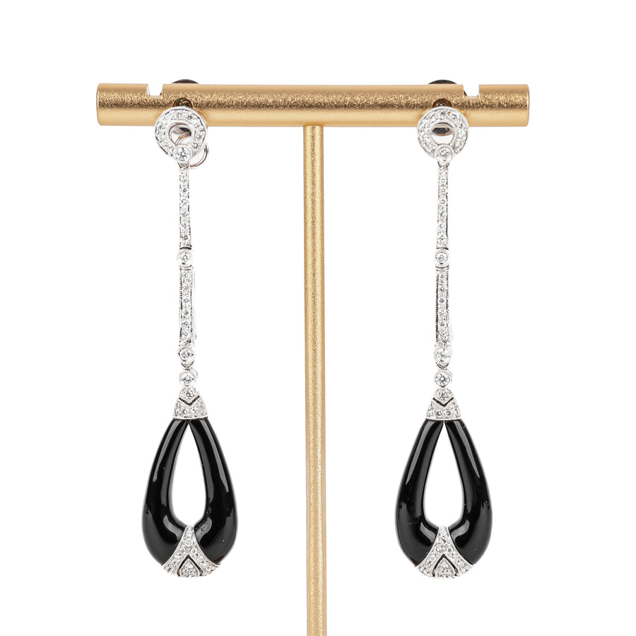 18K White Gold Diamond Onyx Convertible Drop Earrings