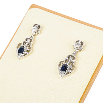 14K White Gold Blue Sapphire Diamond Drop Earrings