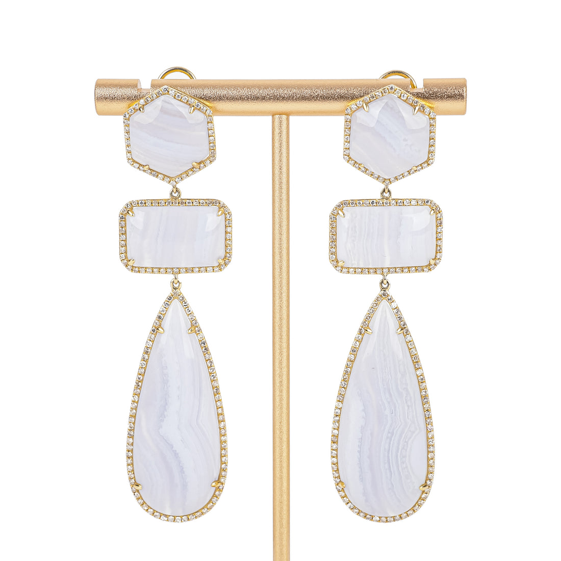 14K Yellow Gold Diamond Banded Blue Chalcedony Drop Earrings