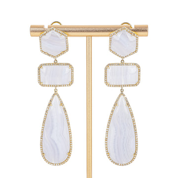 14K Yellow Gold Diamond Banded Blue Chalcedony Drop Earrings