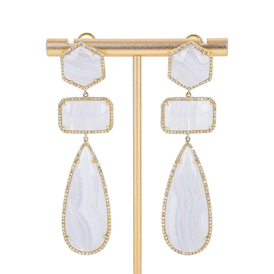 14K Yellow Gold Diamond Banded Blue Chalcedony Drop Earrings
