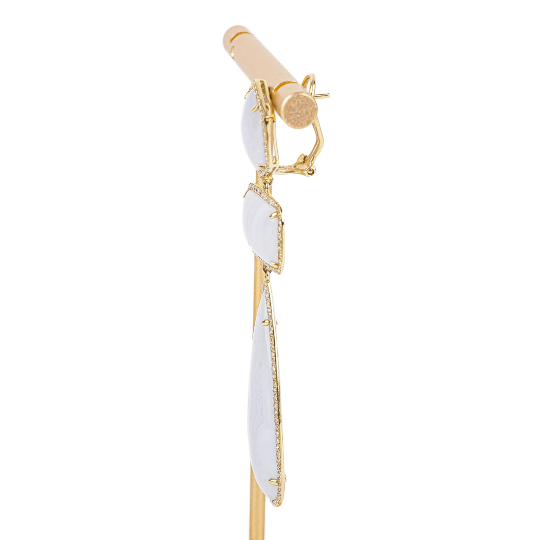 14K Yellow Gold Diamond Banded Blue Chalcedony Drop Earrings