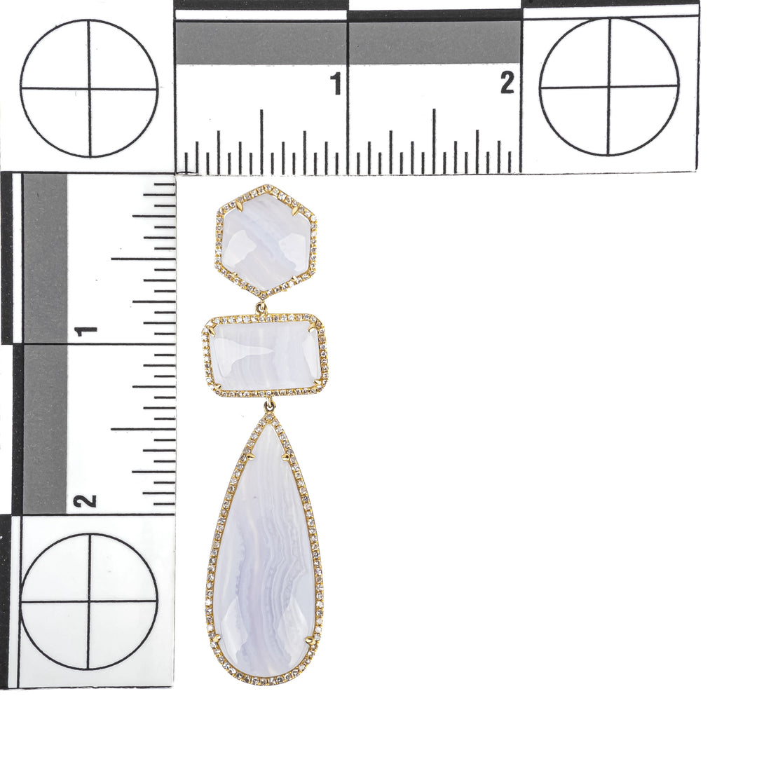14K Yellow Gold Diamond Banded Blue Chalcedony Drop Earrings