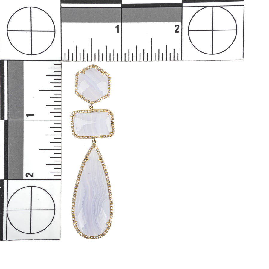 14K Yellow Gold Diamond Banded Blue Chalcedony Drop Earrings