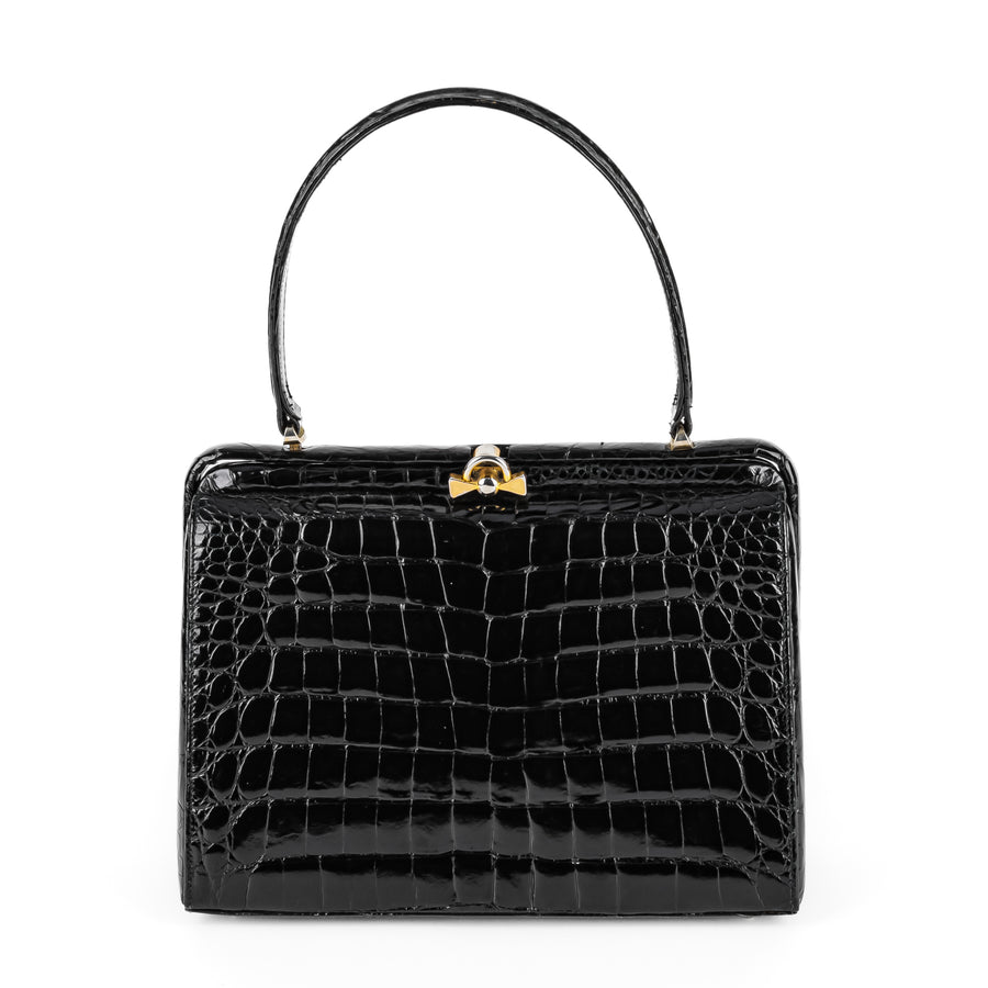 Vintage Black Patent Crocodile Handbag