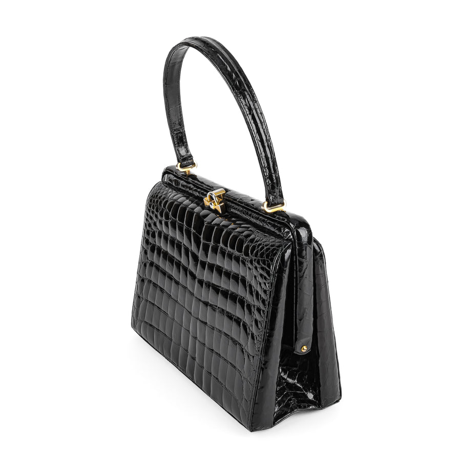 Vintage Black Patent Crocodile Handbag
