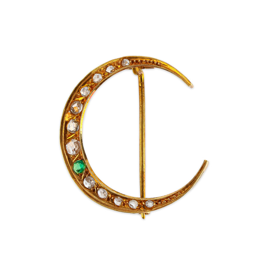 Antique 18K Yellow Gold Old Rose Cut Diamond & Green Stone Moon Brooch