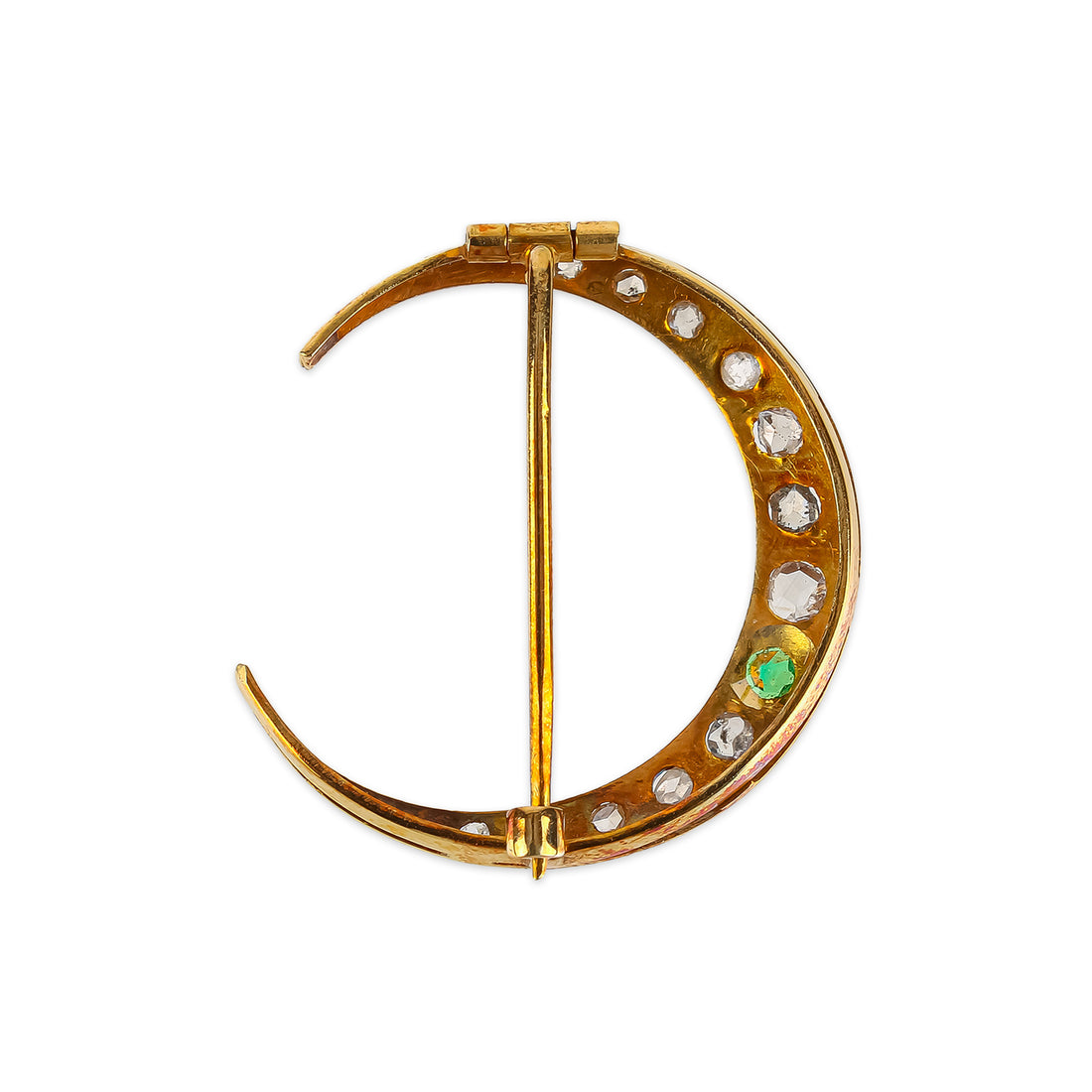 Antique 18K Yellow Gold Old Rose Cut Diamond & Green Stone Moon Brooch