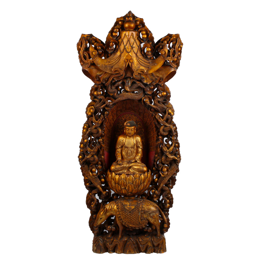 Antique Asian Gilt Wood Buddha On Elaborate Stand/Shrine