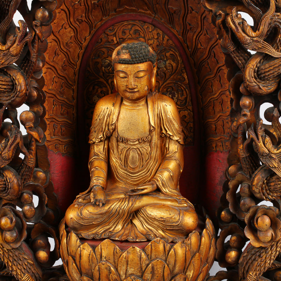 Antique Asian Gilt Wood Buddha On Elaborate Stand/Shrine