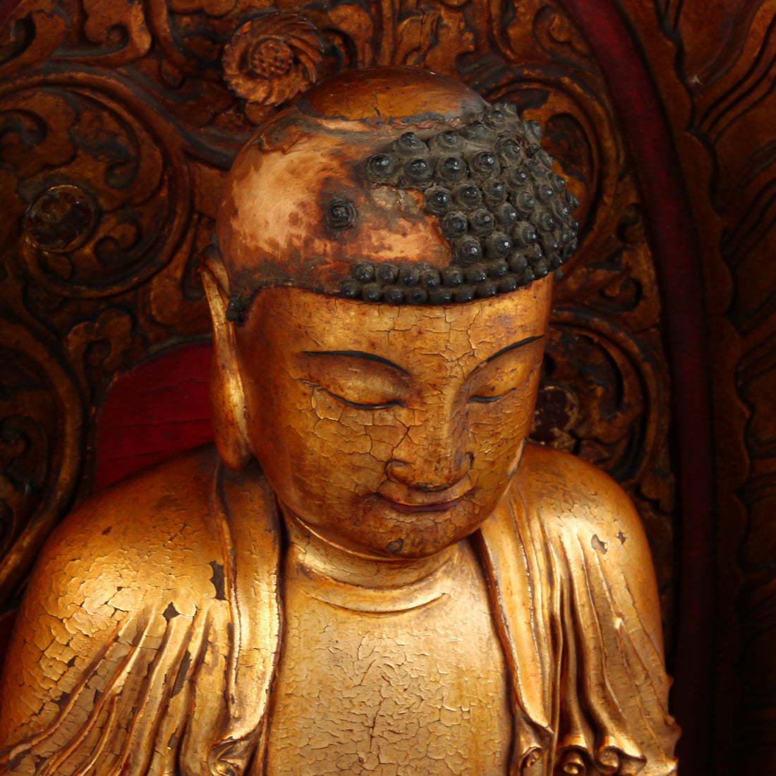 Antique Asian Gilt Wood Buddha On Elaborate Stand/Shrine