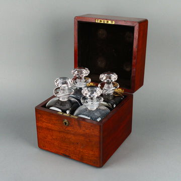 Antique Mahogany Decanter Box with 4 Decanters & Stoppers