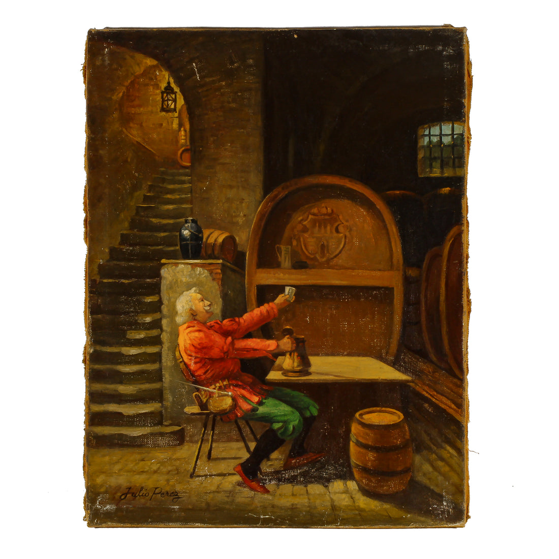 Julio Perez - "Man Drinking In Cellar" - Oil on Canvas