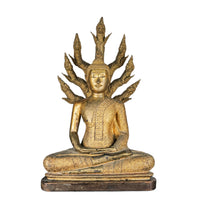 Gilt Bronze Naga Buddha W/                 Wooden Stand H35"