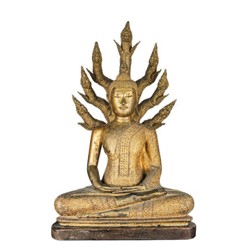 Gilt Bronze Naga Buddha W/                 Wooden Stand H35"