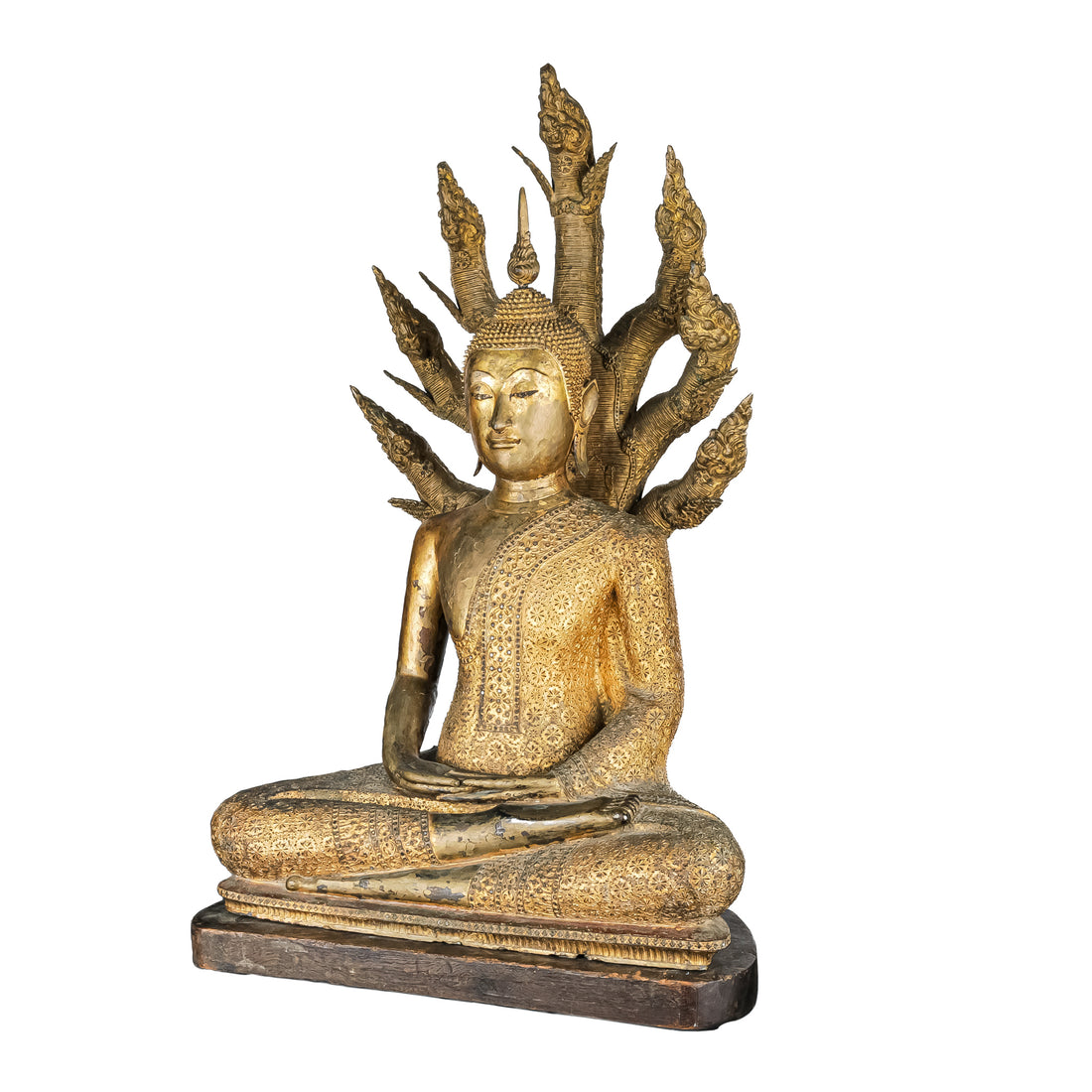Gilt Bronze Naga Buddha W/                 Wooden Stand H35"