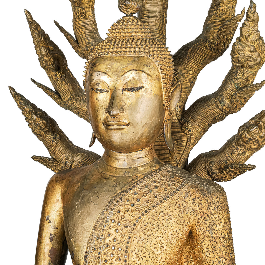 Gilt Bronze Naga Buddha W/                 Wooden Stand H35"