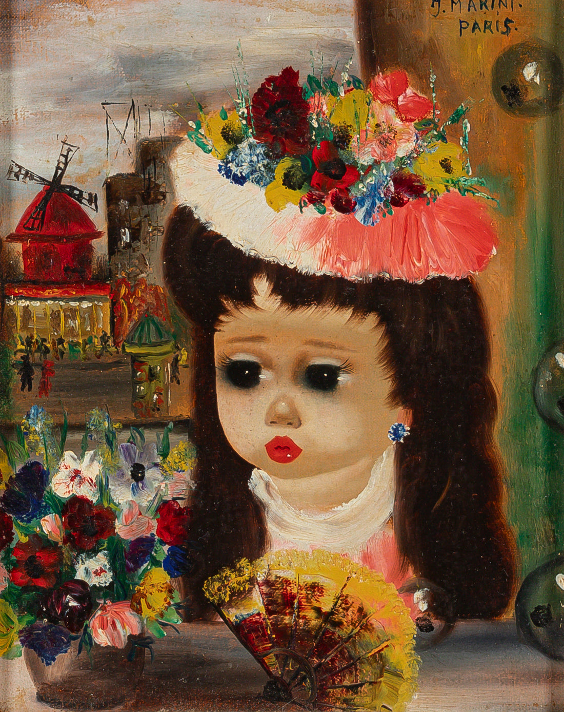 J Marini (20th C) Doll Face             Kitsch Art H10"xW8"