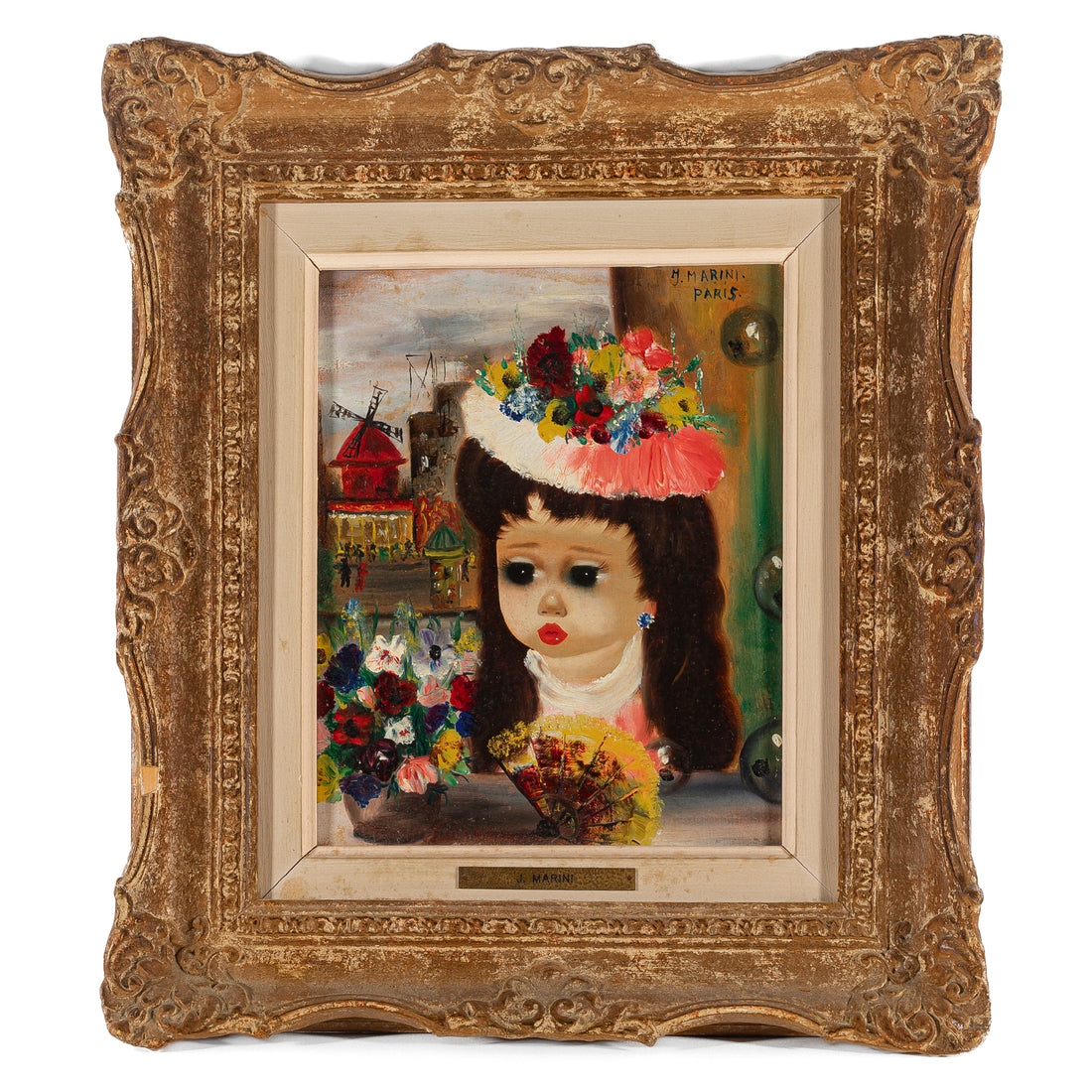 J Marini (20th C) Doll Face             Kitsch Art H10"xW8"