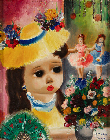 J Marini (20th C) Doll Face              Kitsch Art H10"xW8"