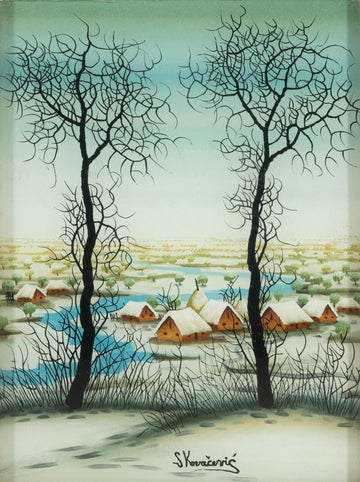 S. Kovacevic - Landscape with Village - Oil on Glass