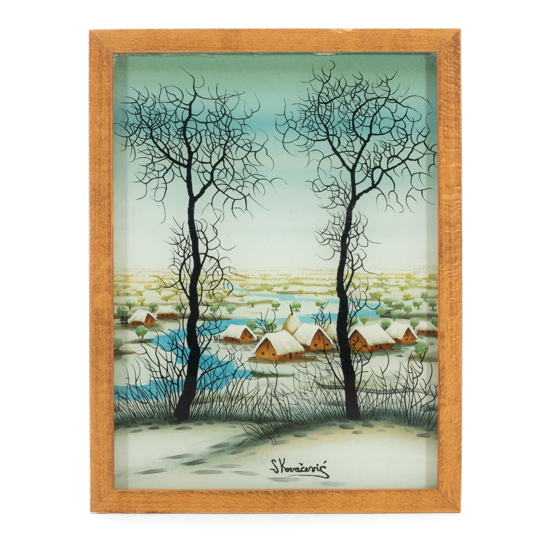 S. Kovacevic - Landscape with Village - Oil on Glass