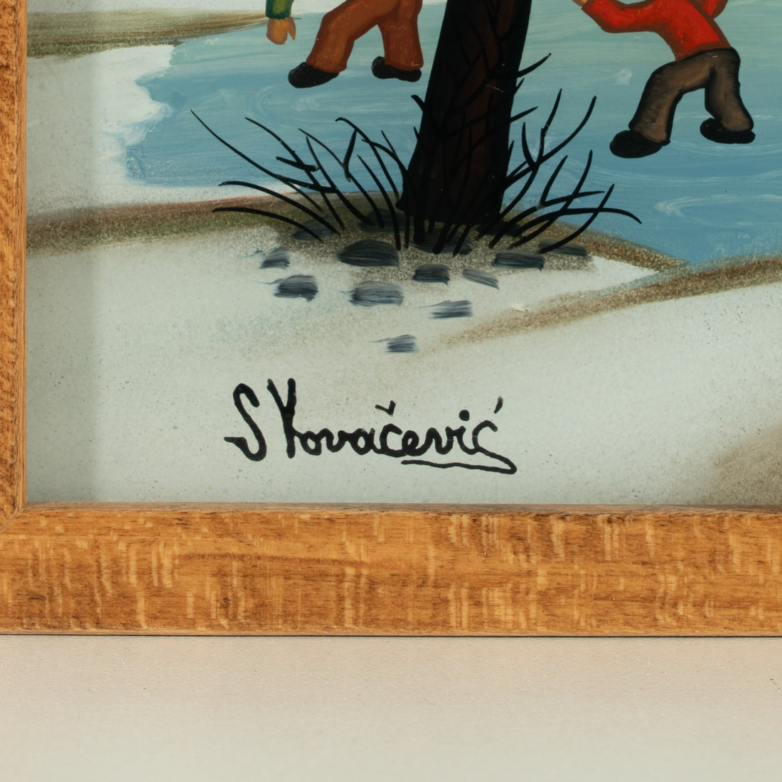 S. Kovacevic - Village with Three Men on Ice - Oil On Glass