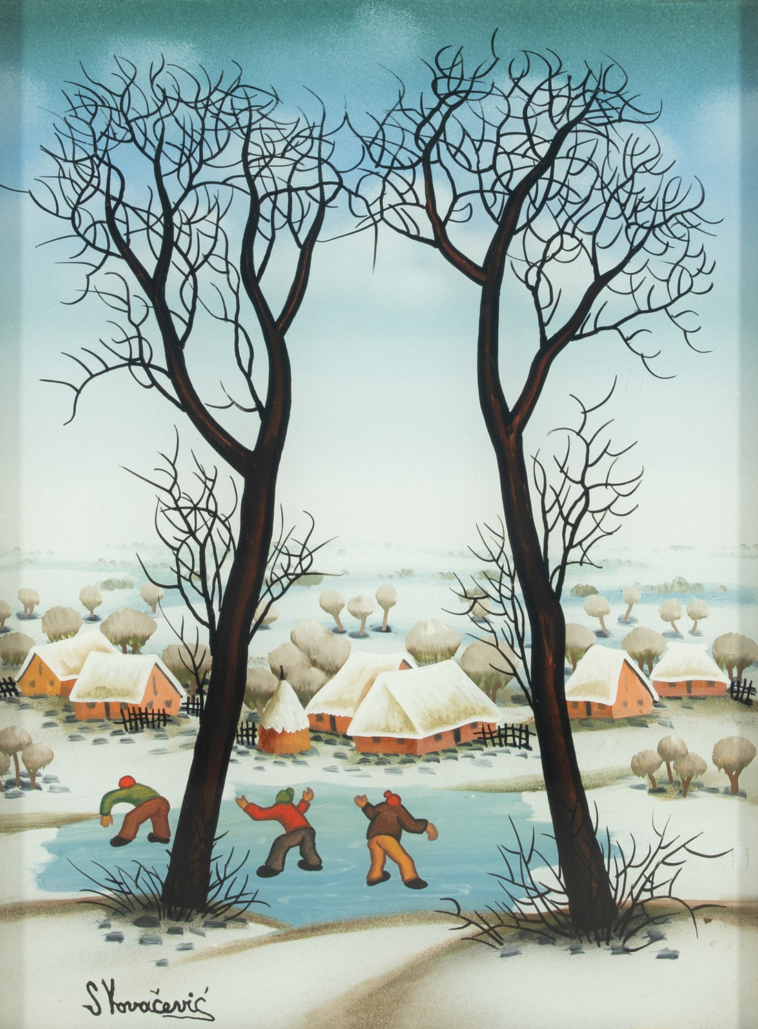 S. Kovacevic - Village with Three Men on Ice - Oil On Glass