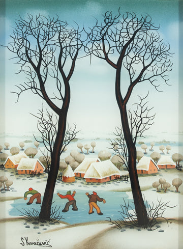 S. Kovacevic - Village with Three Men on Ice - Oil On Glass