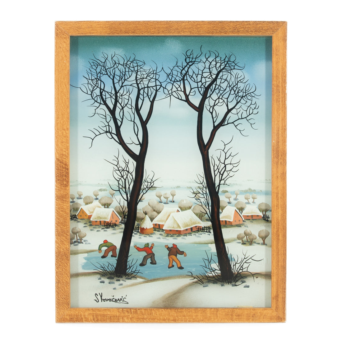 S. Kovacevic - Village with Three Men on Ice - Oil On Glass
