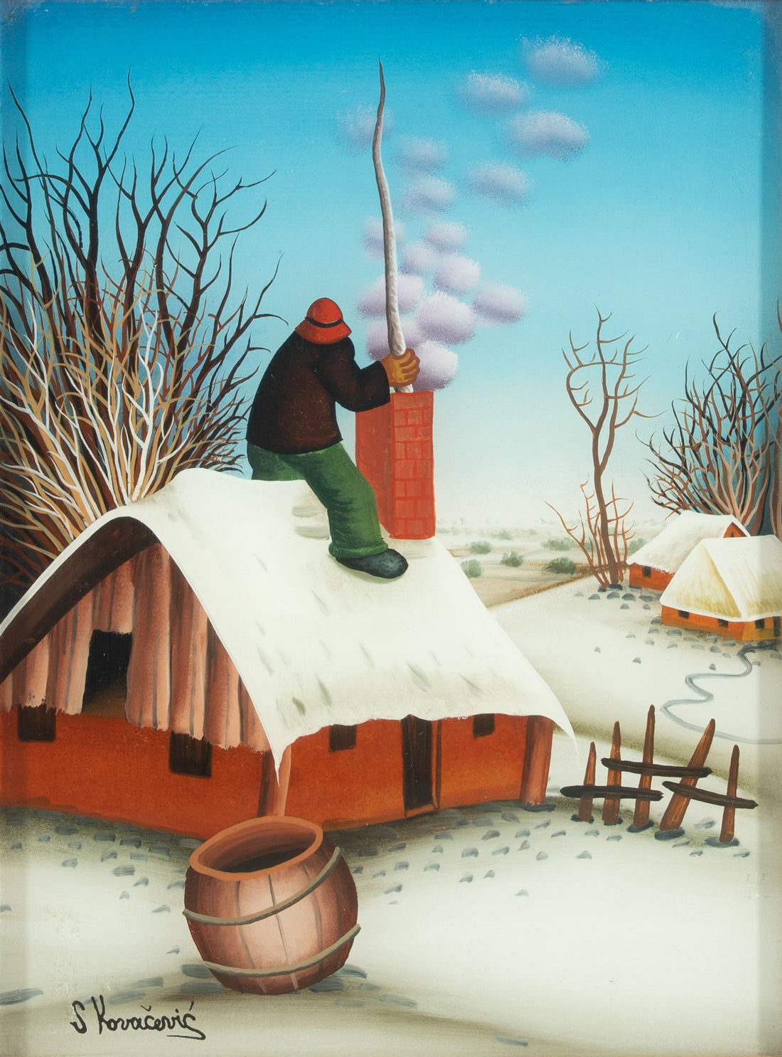 S. Kovacevic - Man Cleaning Chimney - Oil on Glass