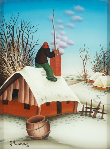 S. Kovacevic - Man Cleaning Chimney - Oil on Glass