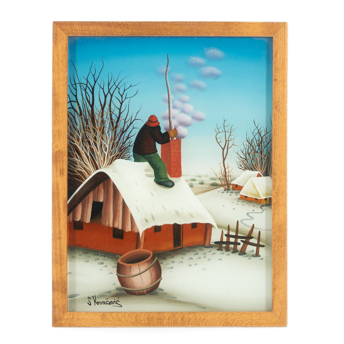 S. Kovacevic - Man Cleaning Chimney - Oil on Glass