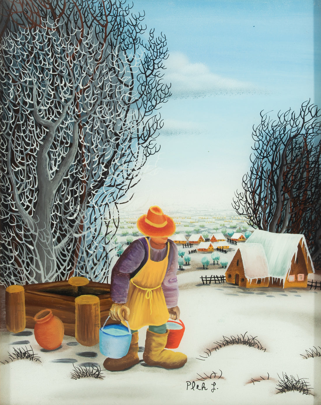 L Pleh - Man Carrying Water - Oil on Glass