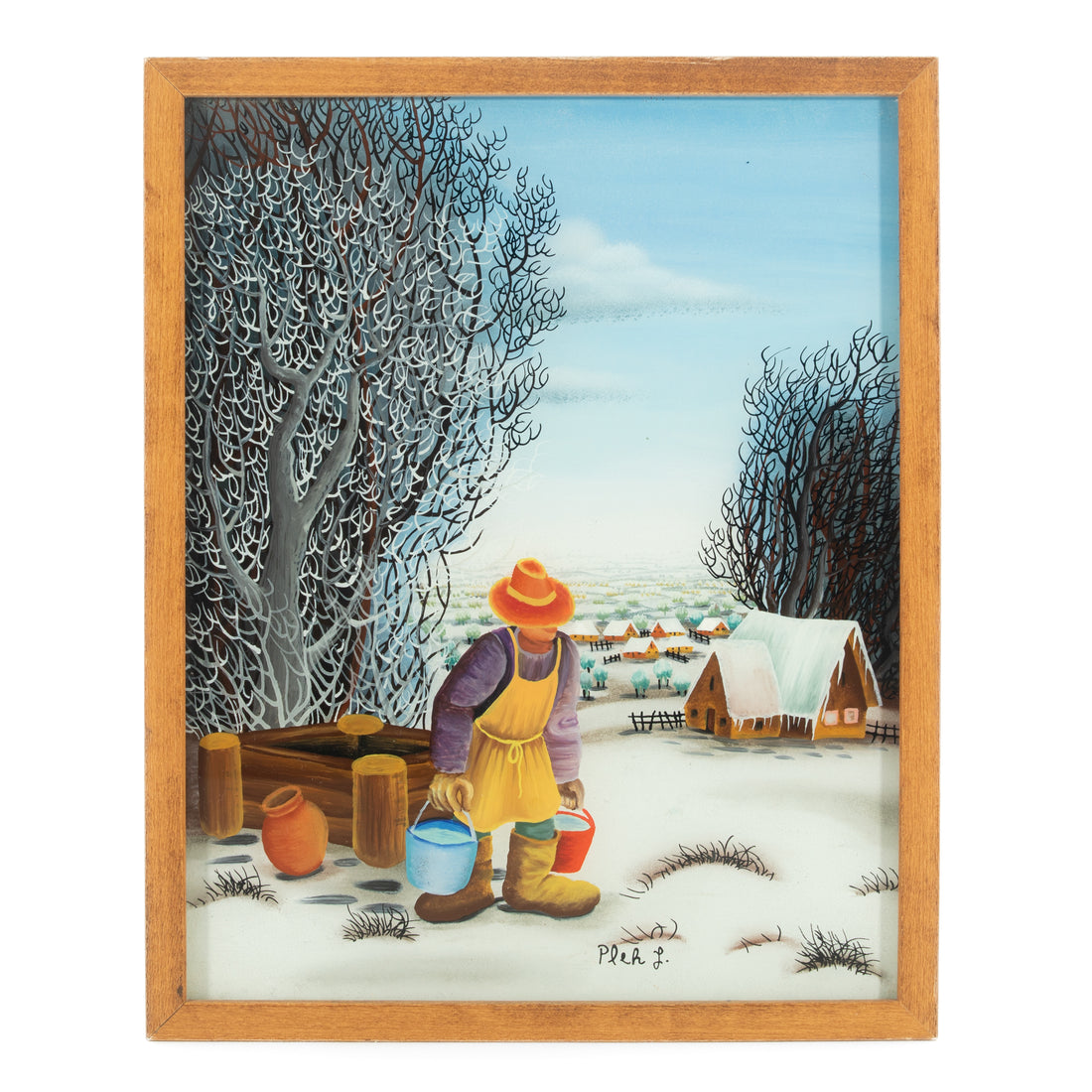 L Pleh - Man Carrying Water - Oil on Glass