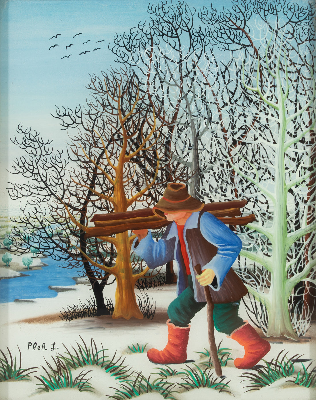 L Pleh - Man Carrying Wood - Oil on Glass