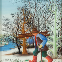 L Pleh - Man Carrying Wood - Oil on Glass