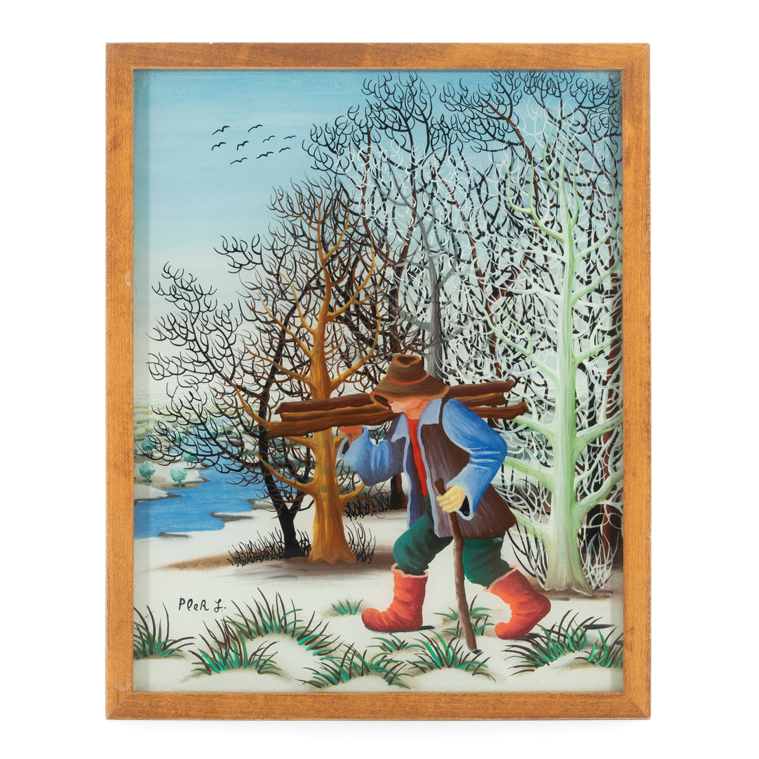 L Pleh - Man Carrying Wood - Oil on Glass