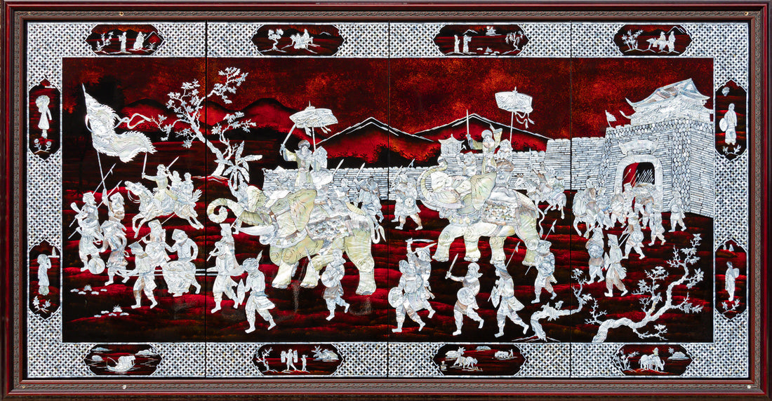 Vietnamese 4-Panel Lacquer Painting with Mother of Pearl Inlay