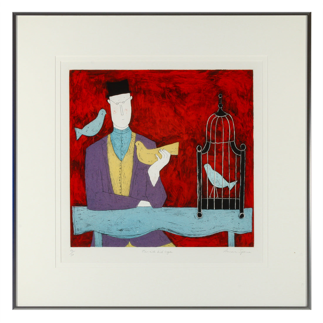 Annora Spence - "Man With Bird Cage" - Silkscreen/Serigraph on Paper