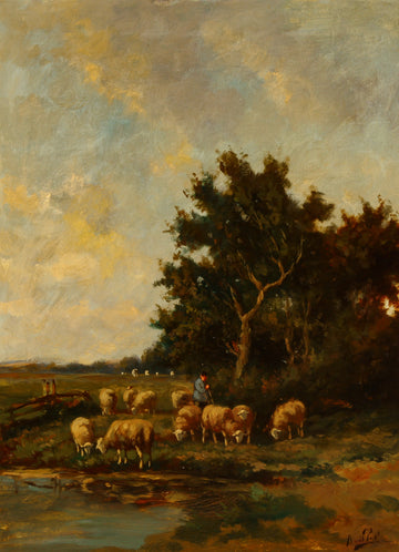 Arend Van De Pol - Shepherd with Flock by pond - Oil on Canvas Mounted on Panel