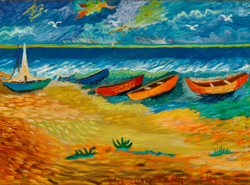 Victoriano Mendez - Boats Along Shoreline - Acrylic on Canvas