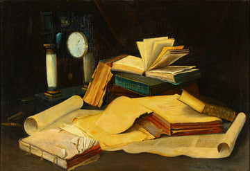 Alfred Lakos - "Still Life" with Open Books & Clock - Oil on Canvas
