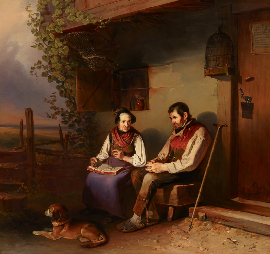 Johann Baptist Wengler - Elder Couple Outside Tavern - Oil on Canvas