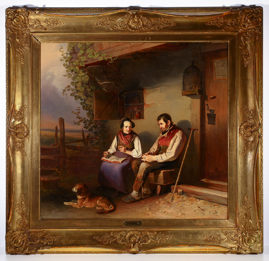 Johann Baptist Wengler - Elder Couple Outside Tavern - Oil on Canvas