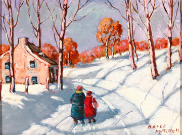 Bruce Mitchell - Winter Scene with Two Walking Figures - Oil on Canvas Board
