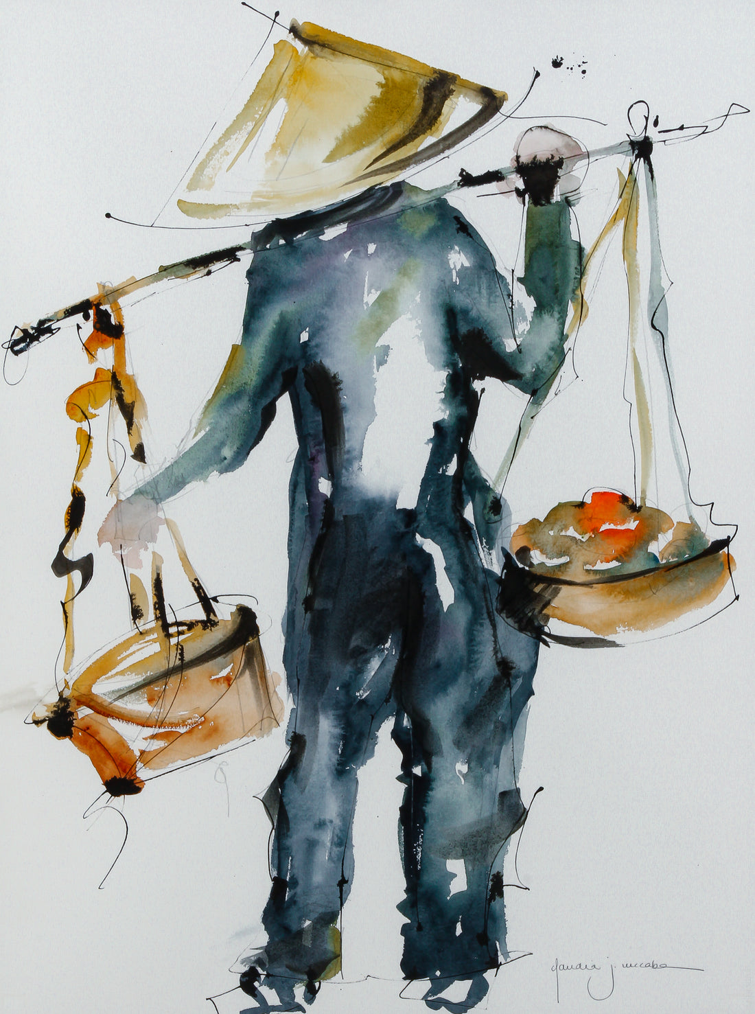 Claudia J. McCabe - Asian Farmer - Mixed Media on Arches Paper