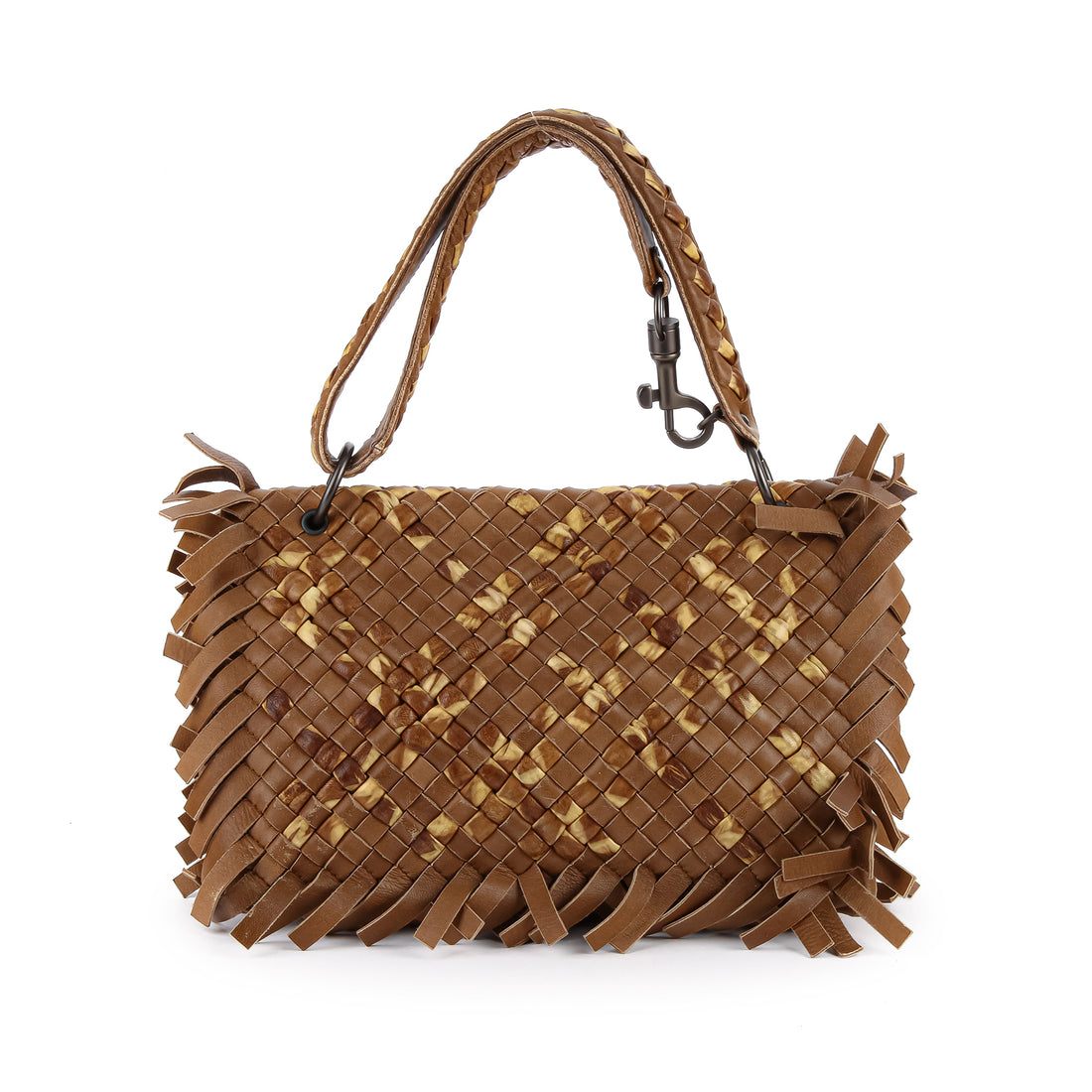 BOTTEGA VENETA 2-Tone Beige Intrecciato Fringe Shoulder Bag